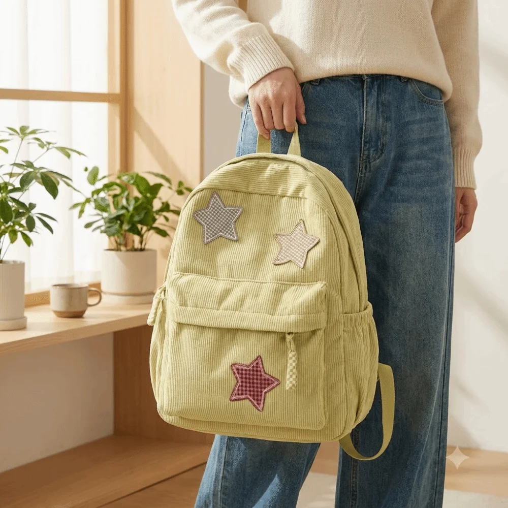 Fashion Star Corduroy Backpack Soft Fabric Large Capacity School Backpack Colorful Multi-Pocket Travel Bag For Students