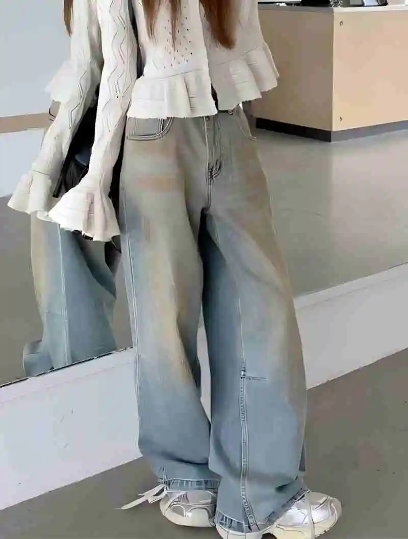 Y2K Women Dirty Dye Contrast Color Wide Leg Jeans Retro Faded High Waist Loose Draping Long Jeans
