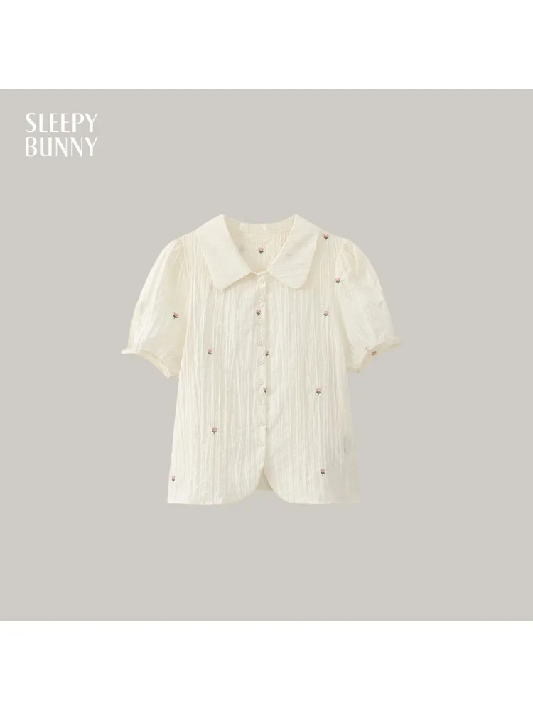 

Elegant Floral Blouse Women 2025 Summer Short Sleeve Shirt Peter Pan Collar Button Down Casual Top Petite Korean Style Outfits