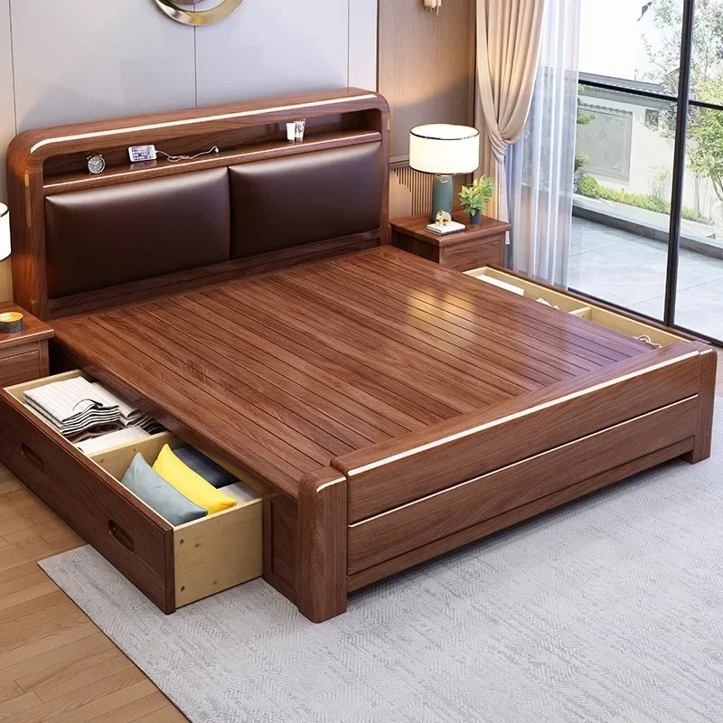 

#C Modern Minimalist Double Bed 1.8 Meters Chinese Thick Walnut Solid Wood Soft Bag Queen Size for Home or Hotel