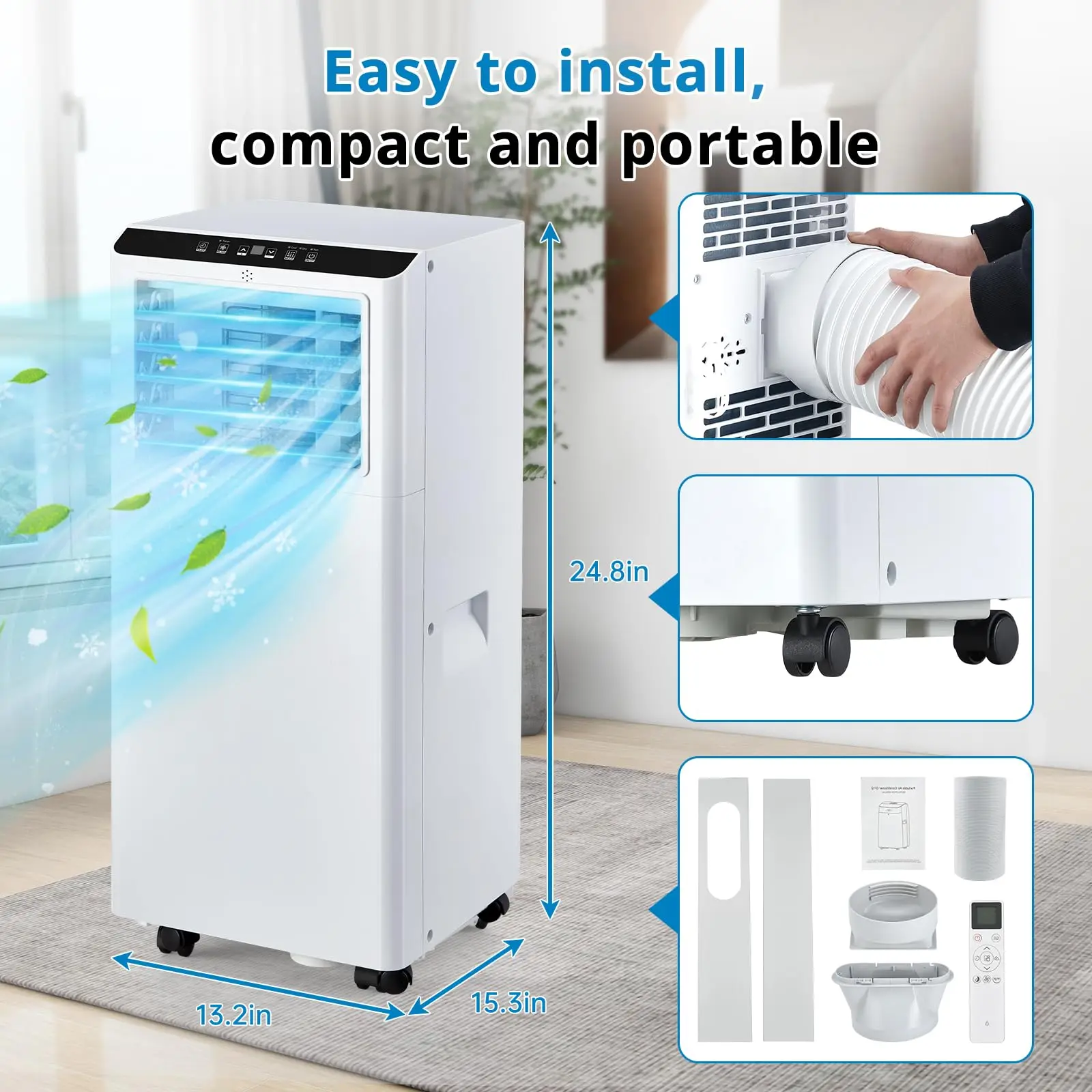 Portable Air Conditioner,8,000 BTU for Rooms up to 350 Sq.Ft., Smart Compact AC Unit with Cooling, Dehumidifier, Fan, Remote Control and Window Kit, White