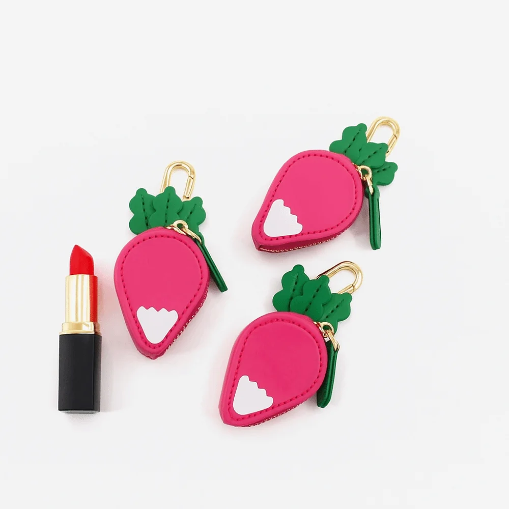 Moda rabanete forma de fruta moeda bolsa bonito zíper mini fone de ouvido saco estilo coreano chaveiro couro do plutônio pingente feminino