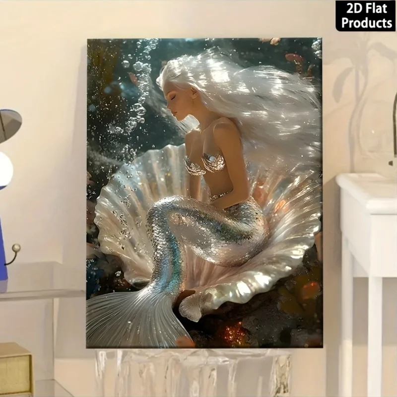 (No frame)2D Flat, 2D Flat, 2D Flat A Unique 2D Flat Art Canvas Poster Featuring a Mermaid Perched on an Open Seashell, Perfe