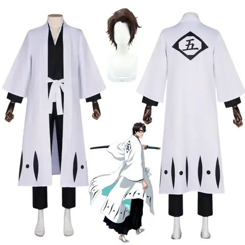 애니메이션 Aizen Sousuke 코스프레 의상 가발 Bleach 천년 혈액 전쟁 Gotei 13 팀 5 캡틴 로브 기모노 의상