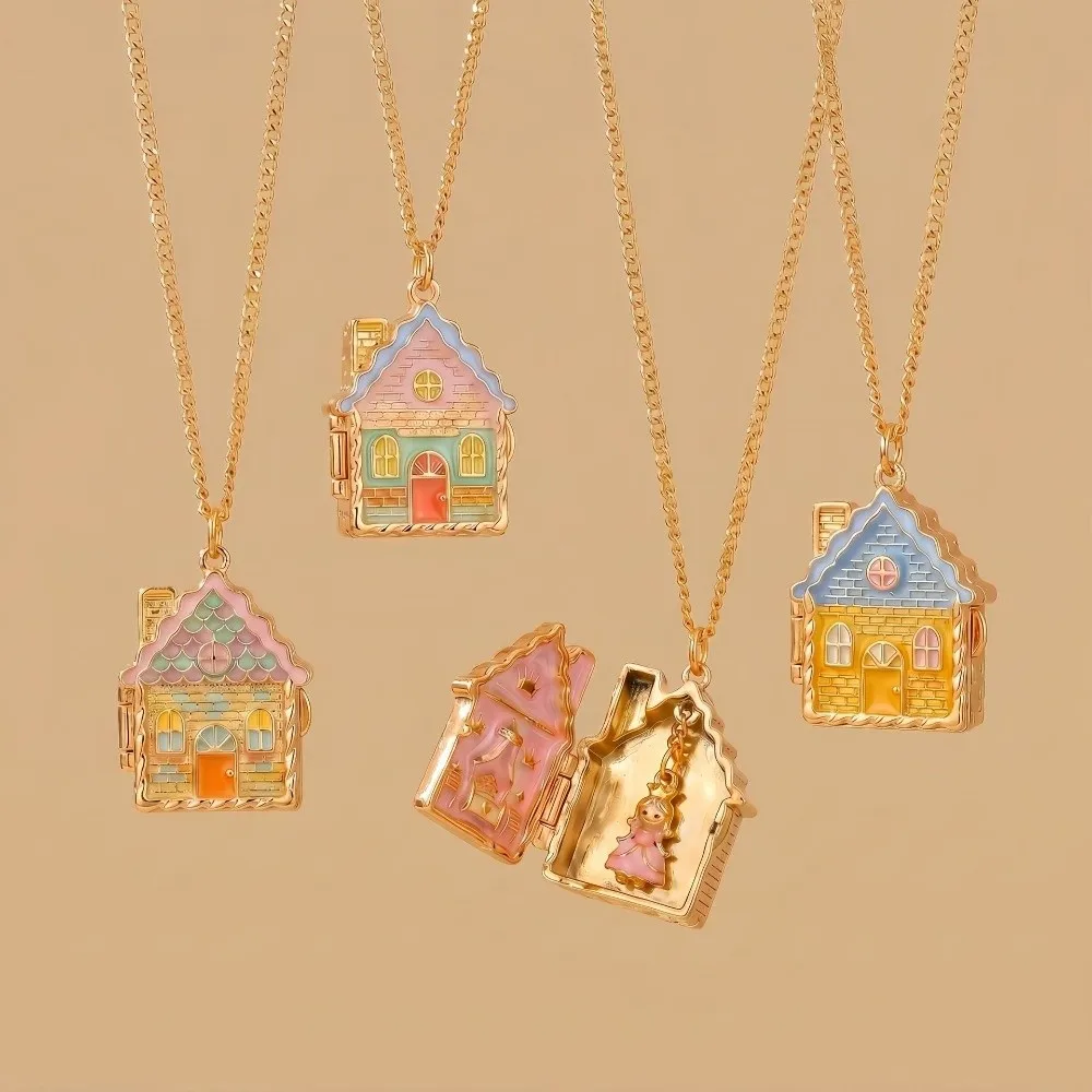 Colorful Gingerbread House Necklace Open and Close Pendant Enamel House Opening and Closing Box Necklace Fairy Tale Jewelry Gift