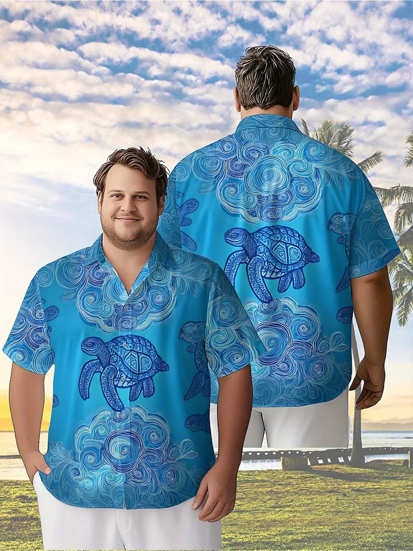 Men's Plus Size Hawaiian Shirts Blue Turtle and Coral World Pattern,New in Summer Fashion Tops,Hip Hop Rock Streetwear
