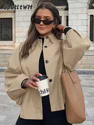 Khaki Single Breasted Lapel Short Windbreaker Women Casual  Long Sleeved Crop Thin Loose Coat Autumn Female New Street Outerwear