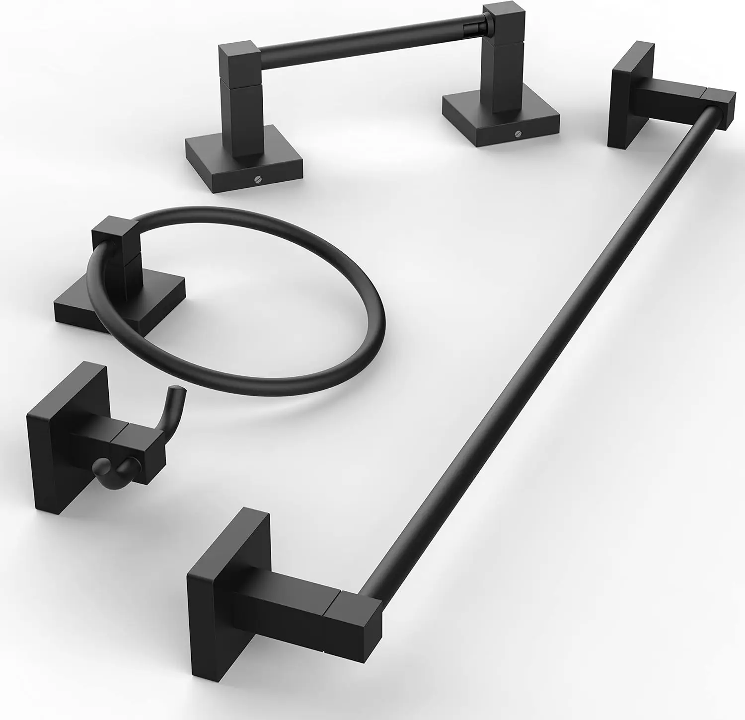 

4-Piece Matte Black Bathroom Set: Towel Bar, Toilet Paper Holder, Ring & Hook - Modern Wall-Mounted Stainless Steel