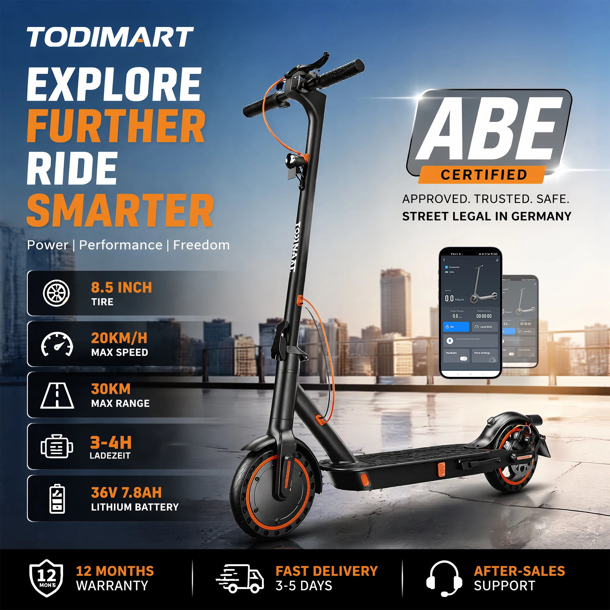 TODIMART E-Scooter mit Straßenzulassung D6/D6PRO 55/70 km Reichweite Elektroroller mit App Bluetooth 10-Zoll-Geländereifen Doppelte Federung BMS-Batterie 120 kg Tragfähigkeit