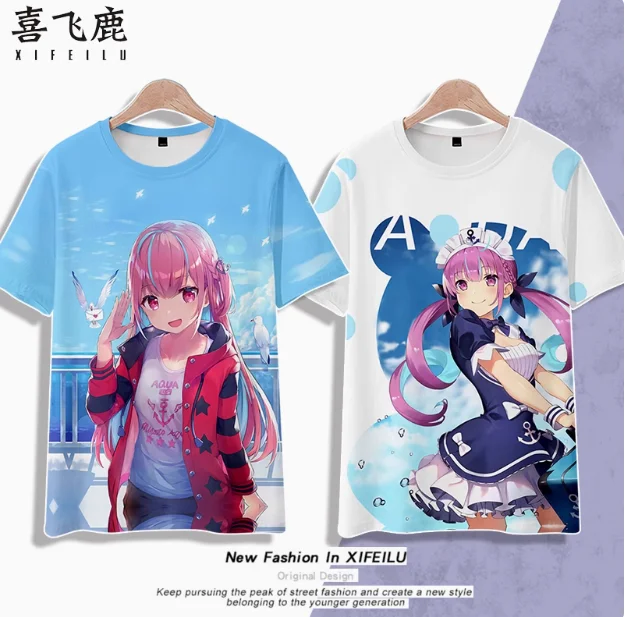 Anime Hololive Vtuber Minato Aqua Short Sleeve T-shirt Summer Cosplay Costume Casual Student Loose Tops