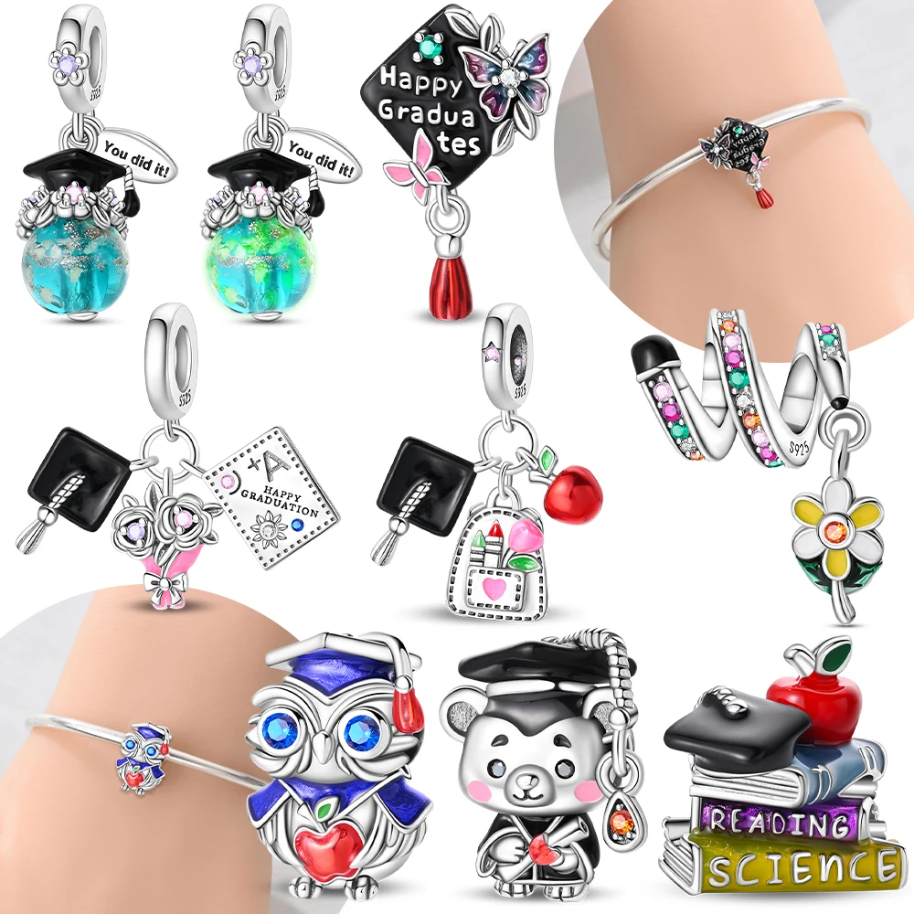 Charms 925 Sterling Silver Original Beads Doctor's Cap Pendant Owl Bear Graduation Beads Fit Bracelet Women Jewelry Diy Gift