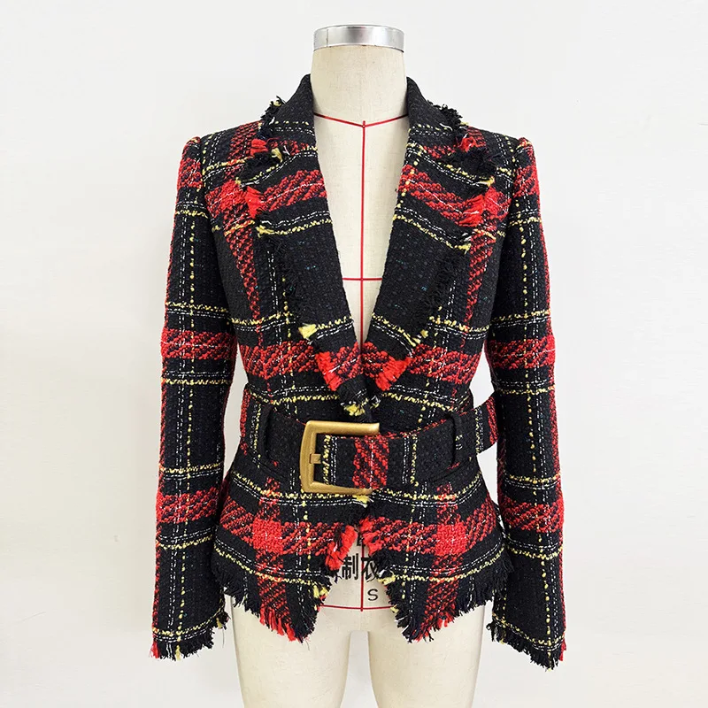 LEOSOXS Women's Elegant Plaid Tweed Blazer Gold Buckle Belt Fringed Hem Long Sleeve For Work Party Stylish Events 2025