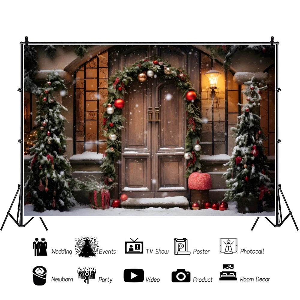 Christmas Backdrop Photography Wooden Door Winter Glitter Xmas Tree Decor Holiday Party Kids Portrait Photo Background Photozone