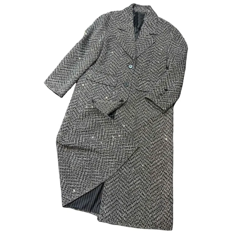 24 New Wool Overcoat Handmade Rhinestone Trench Coat 40% Wool  abrigo mujer elegante  gabardinas para mujer calientita  casacos