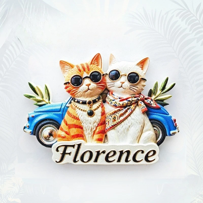 Florence Cat Fridge Magnet - Playful 3D Sunglasses & Fiat Souvenir Unique Italian Gift for Travel & Car Lovers Decor