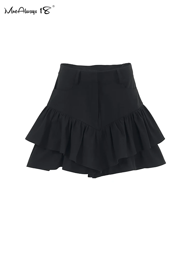 Mnealways18 Laminated Flounces Cotton Linen Pants Skirts Elegant Women High Waist Black Skirts Shorts Summer 2024 Office Ladies