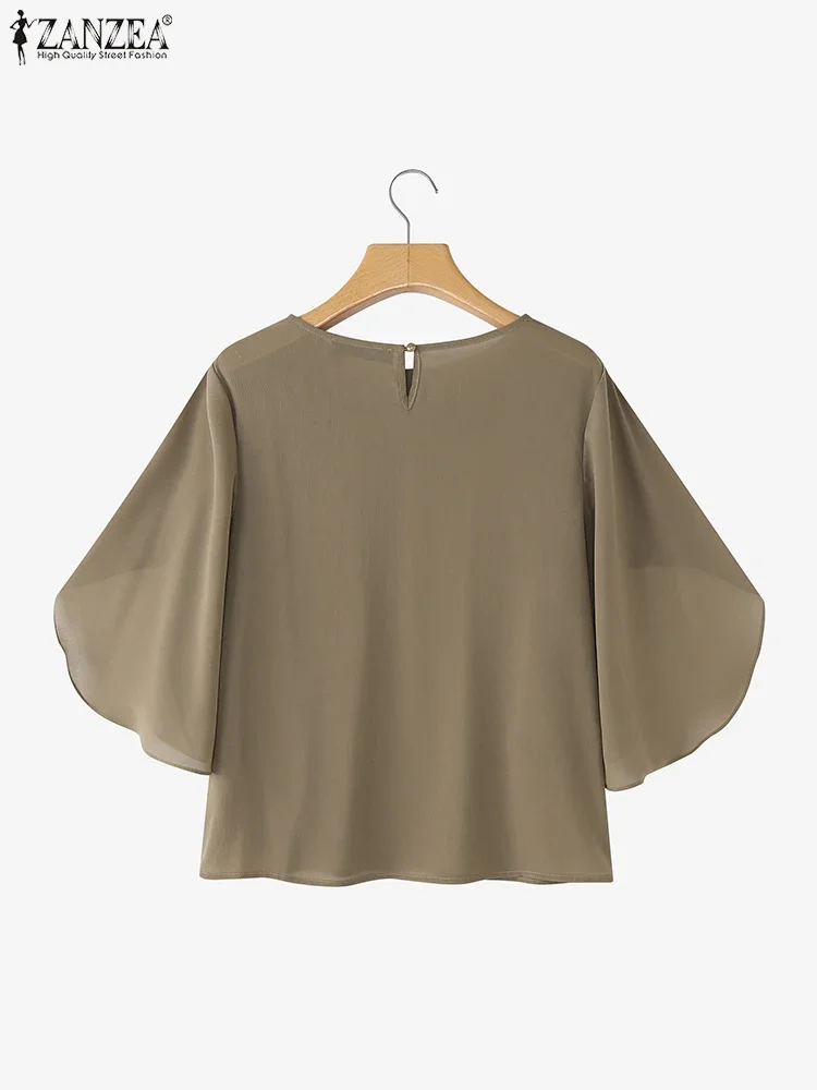 ZANZEA カジュアル Oネックブラウス レディース ワーク OL トップス 七分袖 エレガントブラウス 2025 ファッション 無地 ルーズチュニック オーバーサイズ