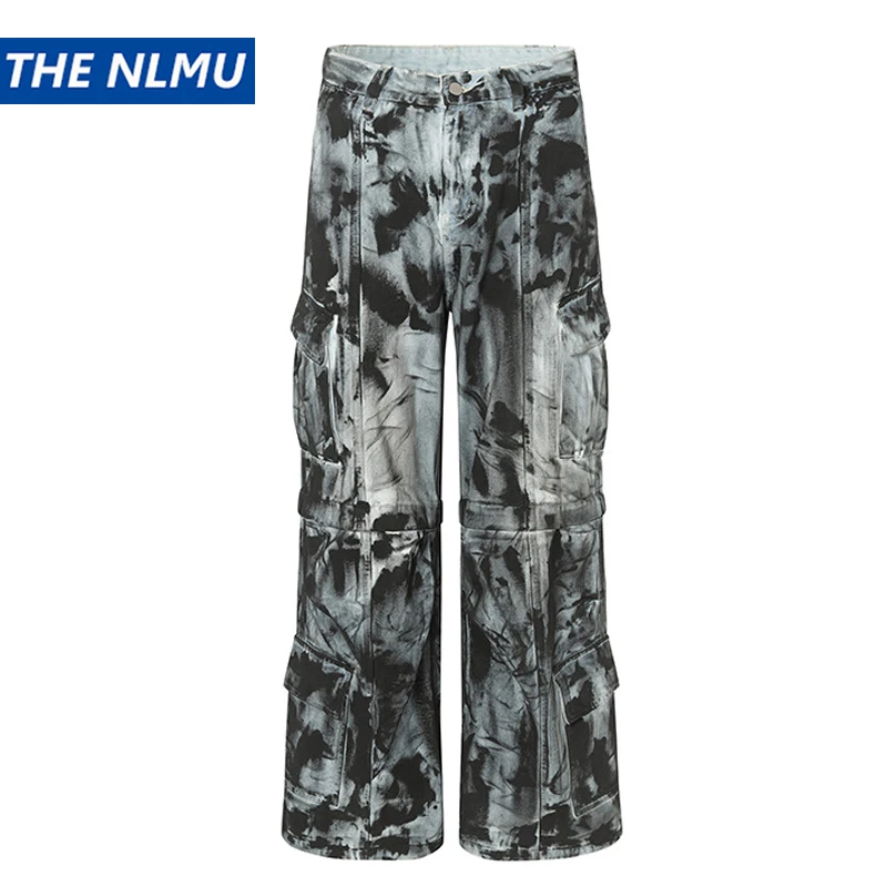

Vintage Dirty Tie Dye Baggy Jeans Men Multi Pocket Loose White Straight Jeans Trousers Luxury Designer Oversized Denim Pant
