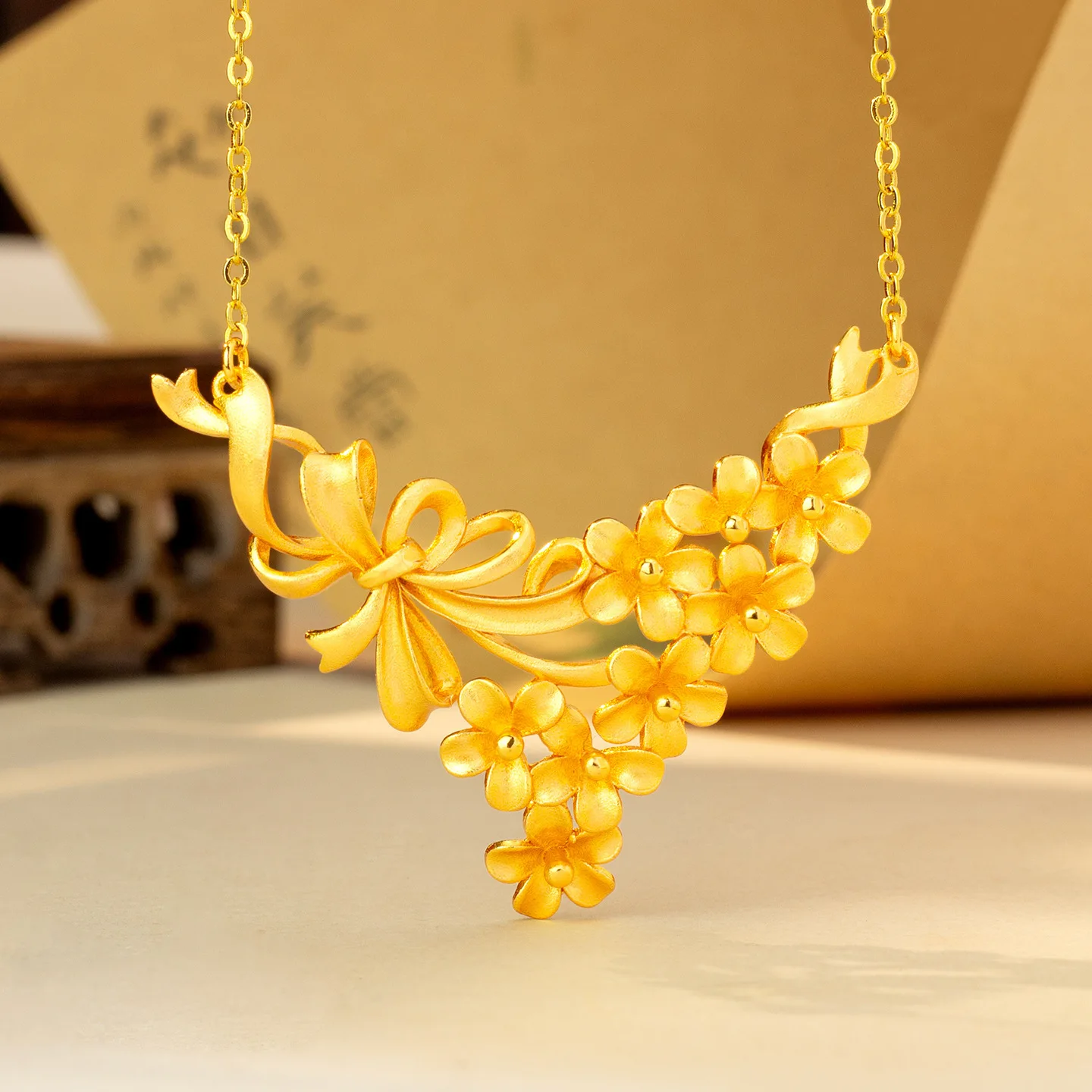 

Luxury 24K 9999 Pure Gold real gold Flower Bow Pendant Necklace Women's Clavicle Chain