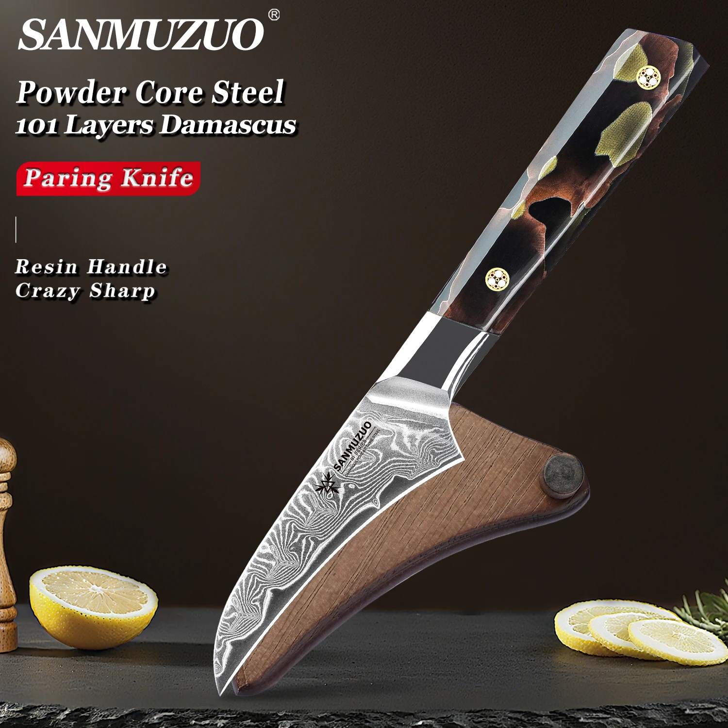

SANMUZUO 3.5 Inch Paring Knife - BI Series -101 Layers Damascus Powder Steel Kitchen Peeling Knife with Non-Slip Resin Handle