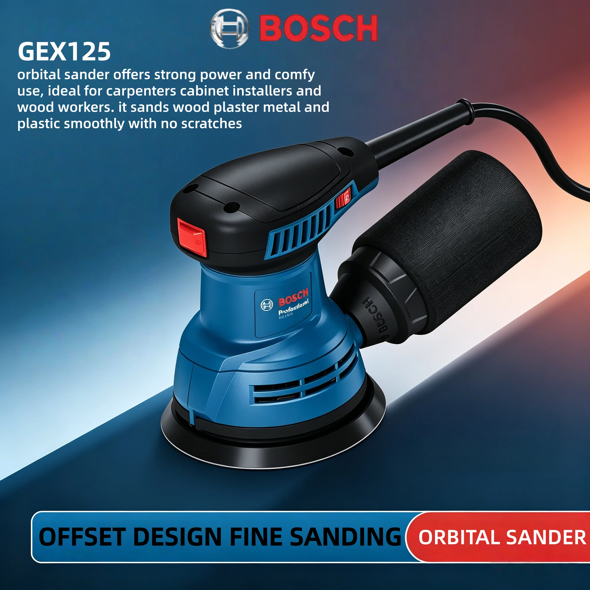 BOSCH GEX 125 Corded Orbital Sander Low Vibration Ergonomic Grip Cabinet Edge Detail Refinishing Equipment view 6
