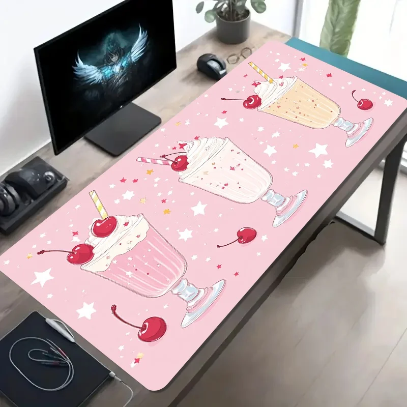 Brand Large Gaming Mouse Pad Sweet Cherry Milkshake Star Pattern Non-Slip Washable Rubber Base Oversized Desk Mat Office Decor D