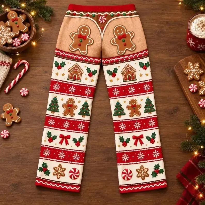 Novelty Christmas couple casual pants gingerbread cookies fake butt pattern loose wide pants ugly Christmas family party costume
