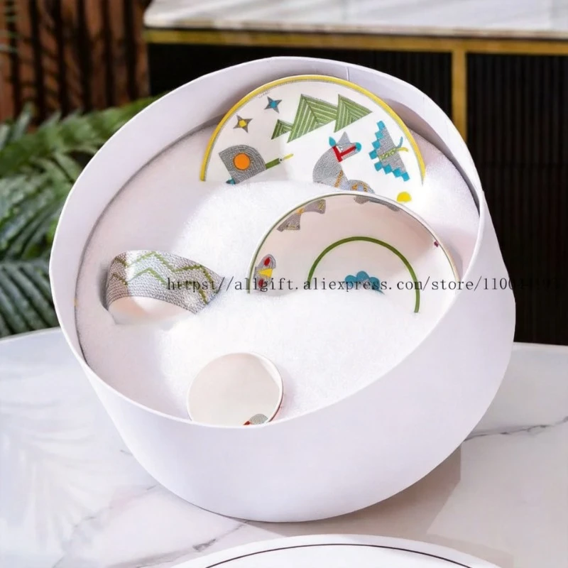 4-Piece Kids Tableware Set European Ceramic Plates, Bowls & Cups Durable Dishware for Children with Fun Designs Microwave Safe