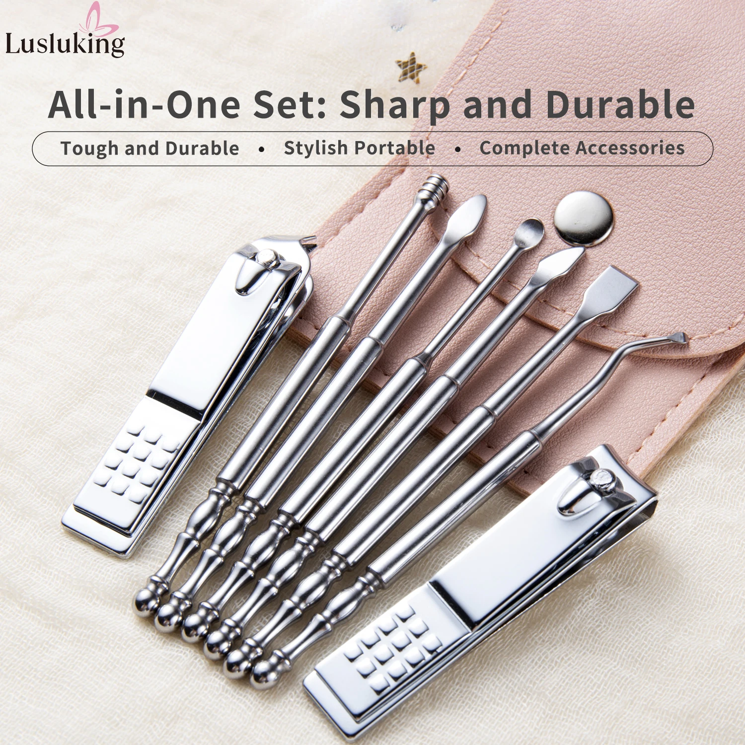 

Pink 8PCS Nail Tool Set Nail Clippers Cuticle Pusher Ear Pick with Leather Case Manicure Tools Stainless Steel Nail Art Tools