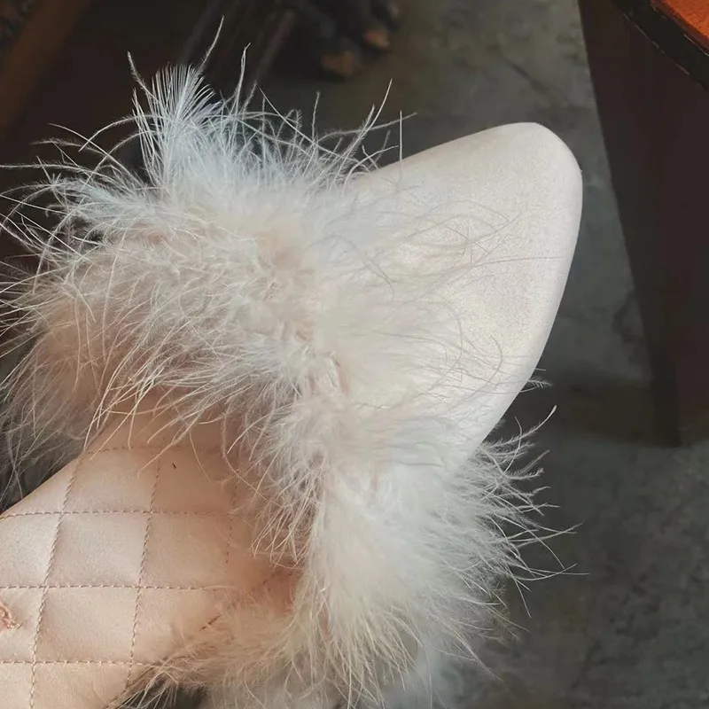 Fur Slippers for Indoor Home Use Anti Slip French Evening Style Satin Surface for External Wear