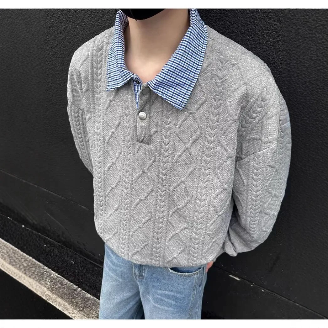 

New Retro Men's Hoodie Checkered Lapel Patchwork pullover for Young men, Trendy Loose Long sleeved Sweatshirt streetwear