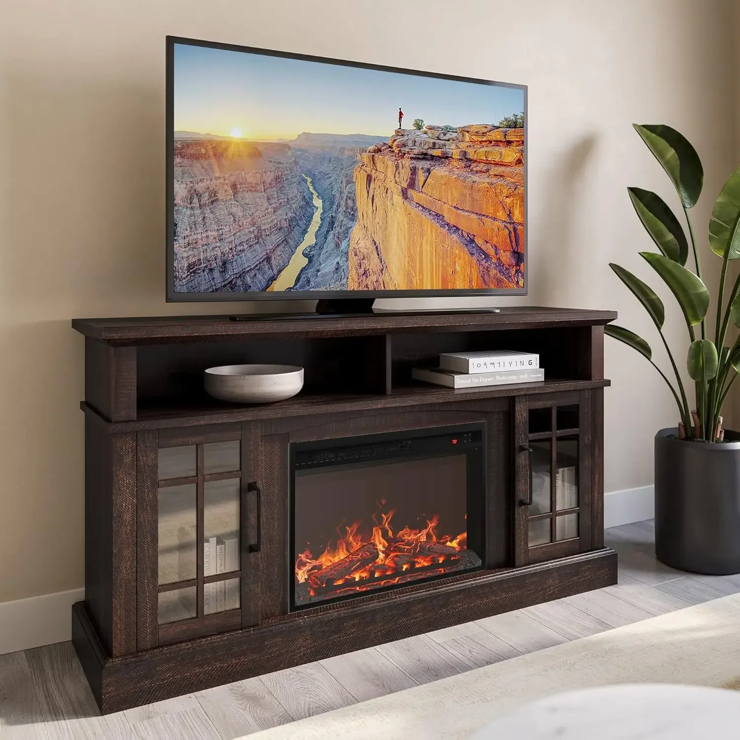 Traditional 58" Rustic TV Stand with 23" Electric Fireplace Heater with Sound, Media Entertainment Center Console Table image 2