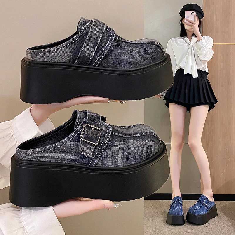 2024Shoes for Women Sexy High Heel Slippers Thick-heeled Denim  Toe Head Slippers Height Increasing Toe Shoes