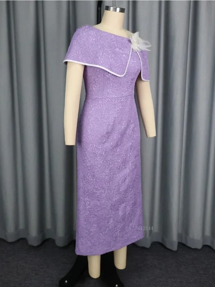 

2026 Фиолетовое жаккардовое облегающее асимметричное платье с украшением из перьев и рукавами-накидкой, элегантное вечернее свадебное платье для гостей