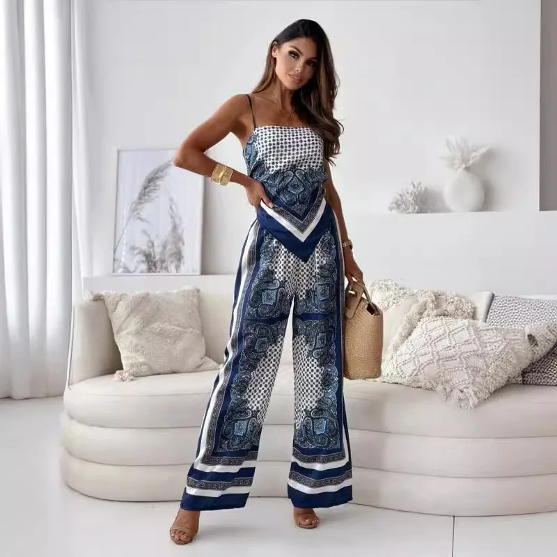 Sexy Off Shoulder Tops Pants Set Office Lady Spring Summer Casual Print Sleeveless Camisole Top Trouser Two Piece Set Women 2024