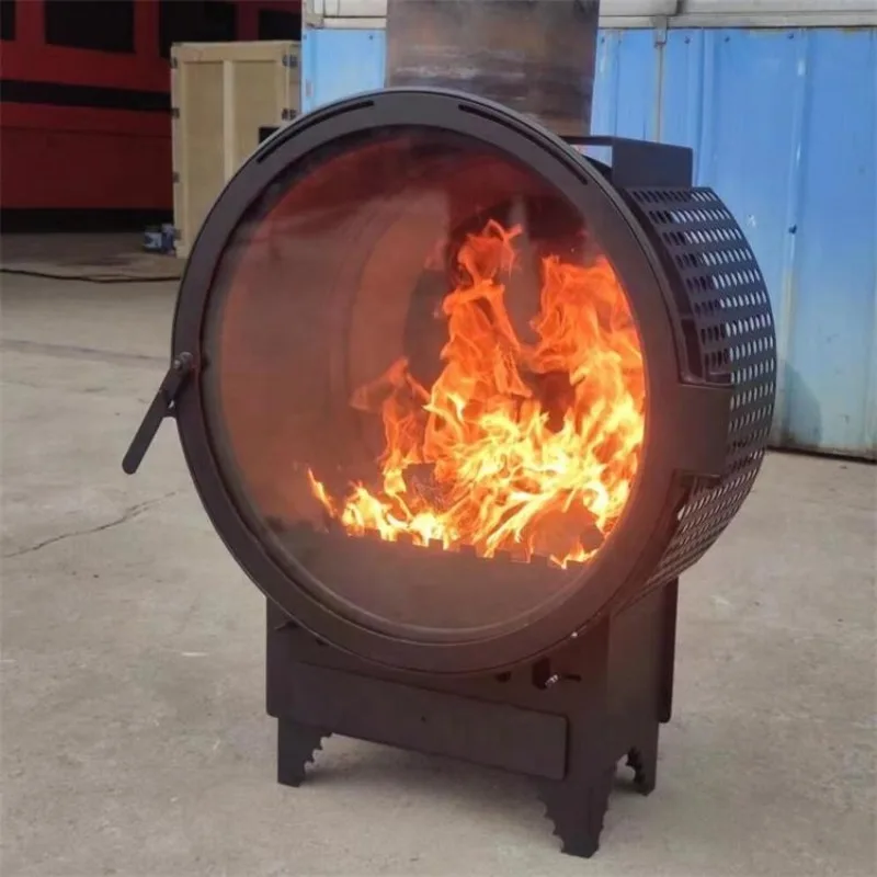 Modern wall-mounted wood-burning stove with indoor central hanging circular stove
