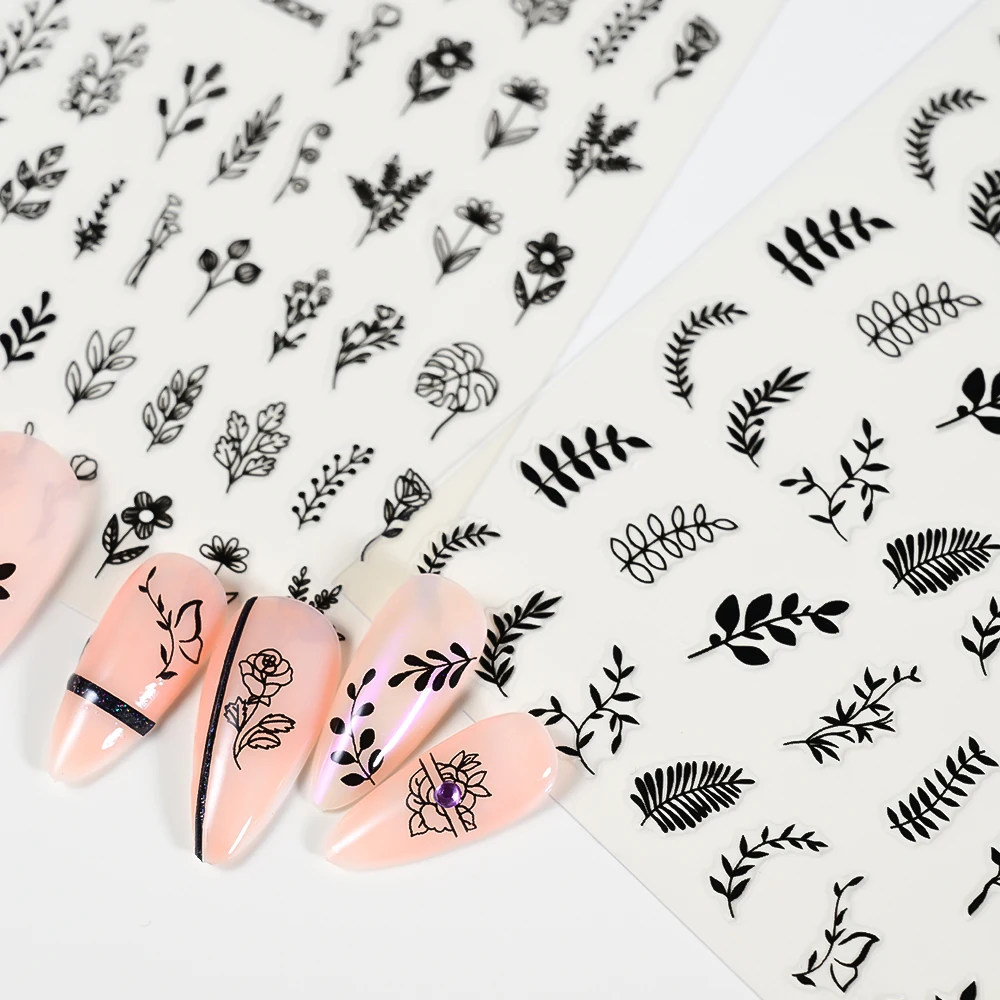Autocollants floraux noirs pour Nail Art, 12 pièces, feuilles d'herbe de palmier et dessins floraux, décalcomanies pour Nail Art, motifs de fleurs rétro élégants, fournitures pour ongles