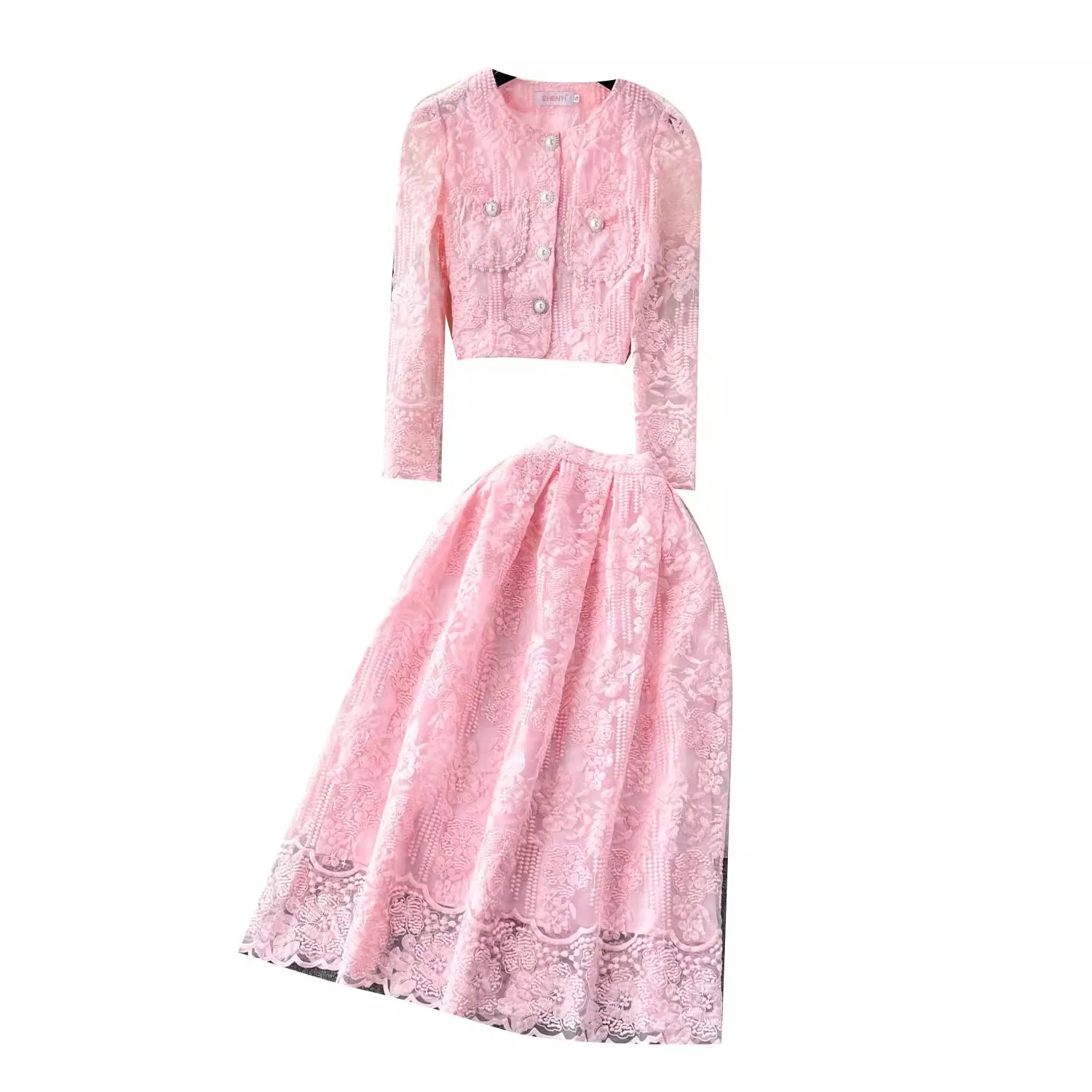 JAMERARY Summer Holiday Embroidery Two Piece Sets Women Skirts Suits Lace Jacket Long Sleeve Tops And Midi Skirts Sets