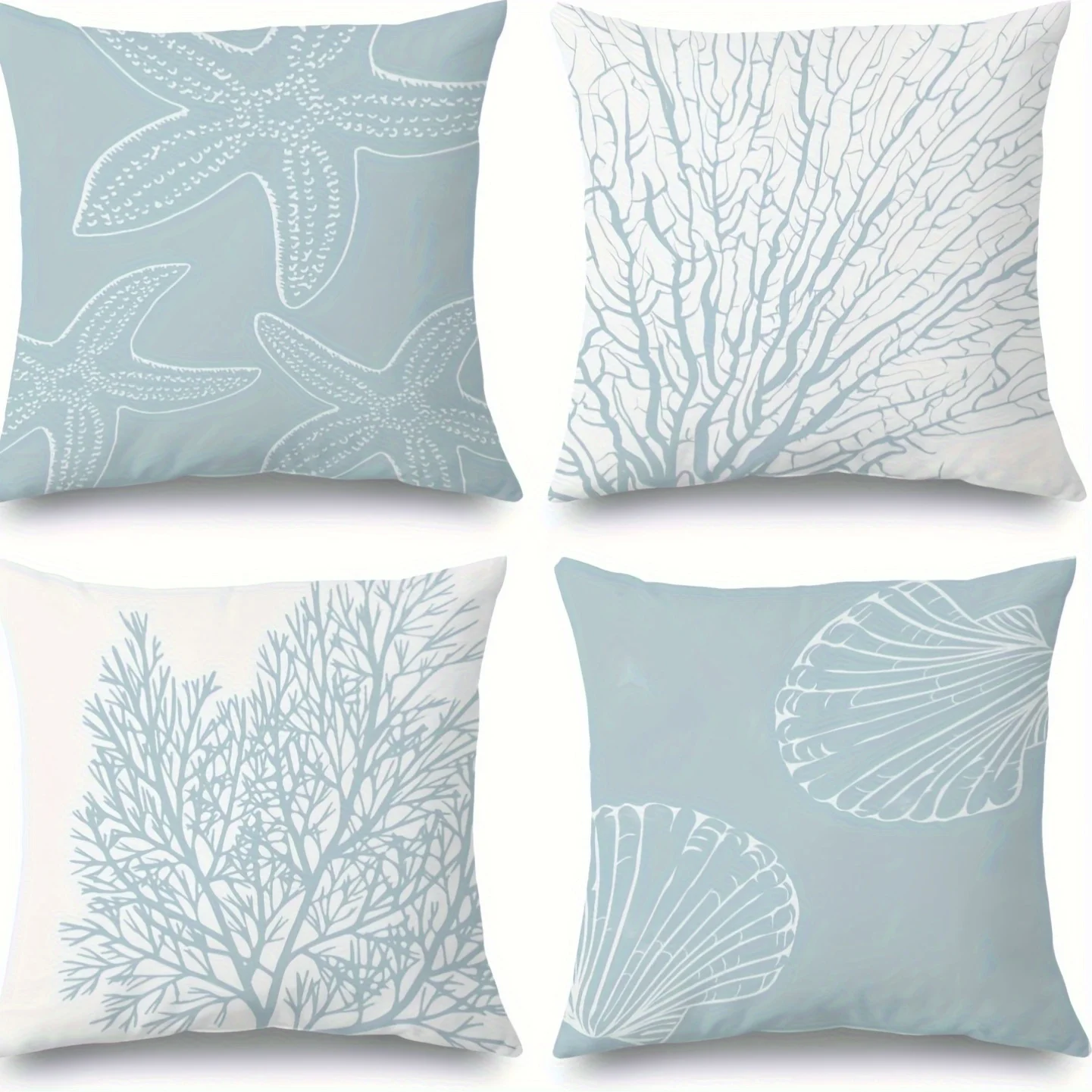 Juego  4 fundas  almohada estilo costa azul claro con estampado  conchas, estrellas  mar y coral para coración  vera