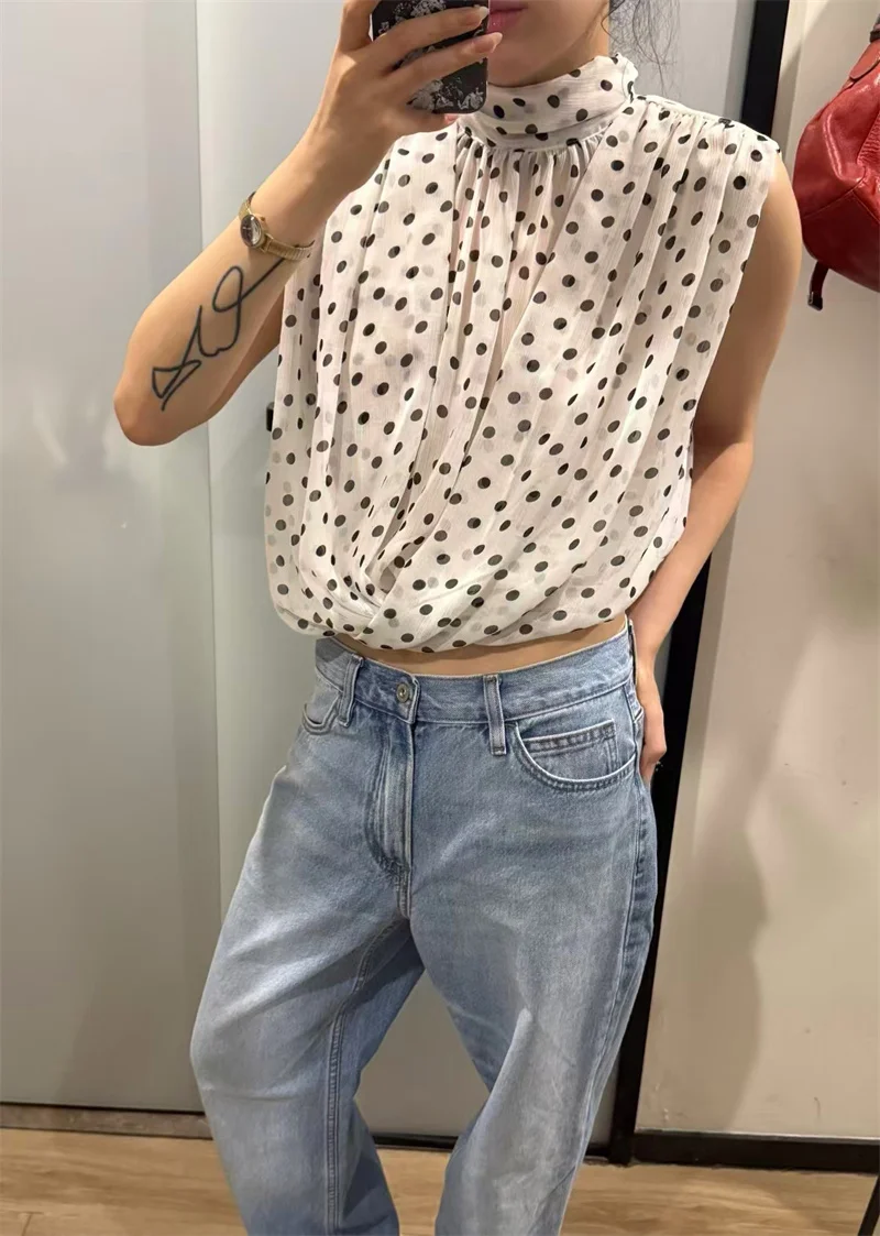 2026 Summer New Style Women's Top Polka Dot Sleeveless with Ruffle Detail Balloon Fit Romantic Top Trendy and Casual Versatile
