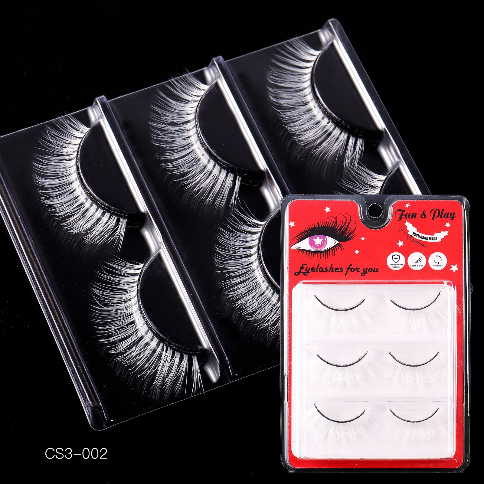 New white 3 pairs of false eyelashes, vacation style, stage makeup, cosplay, party, natural, lightweight, ultra light, reusable