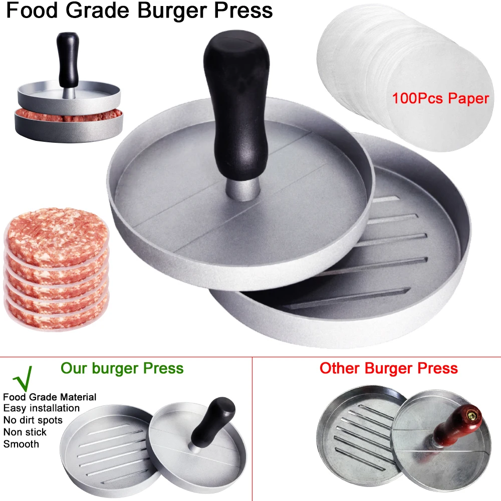 Burger Press with 100 Patty Papers Meat Maker Aluminum Non-Stick Hamburger Mold