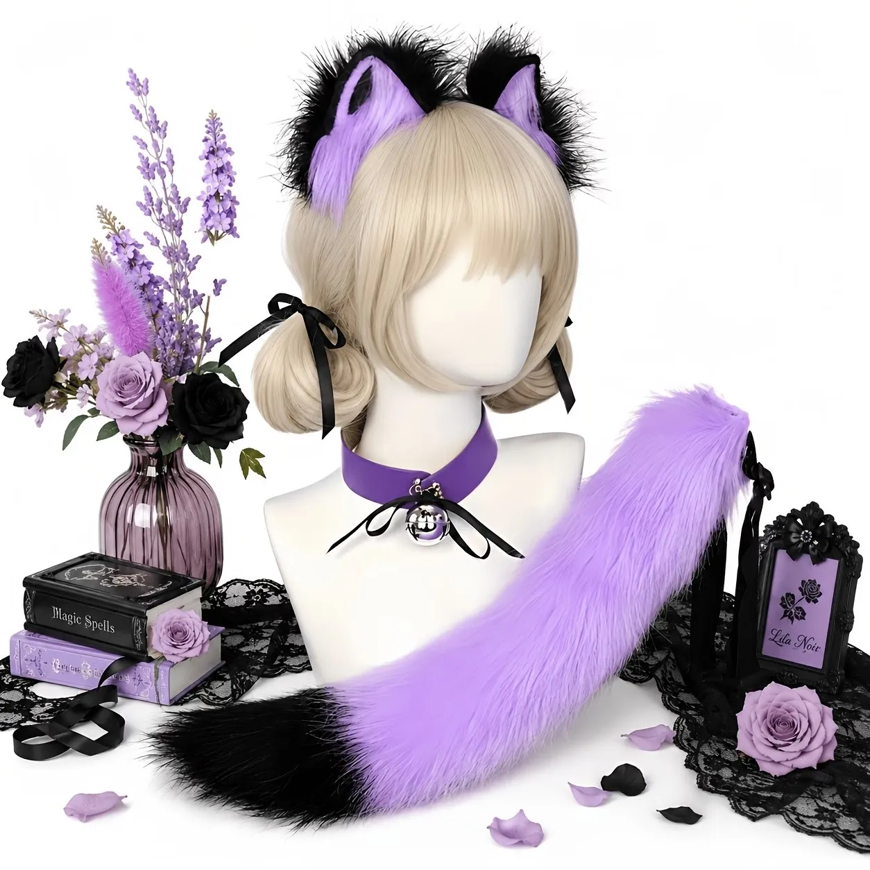 3Pcs/set Furry Anime Dog Ear Headband Plush Animal Tail Cartoon Comic-Con Cosplay Costume Accessories Leather Choker with Bell