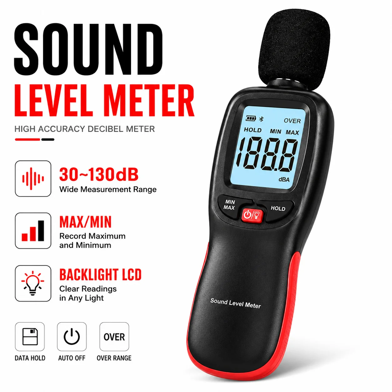Bluetooth Sound Level Meter 30-130dB Digital Decibel Noise Tester MAX/MIN Data Hold Backlit LCD Meter