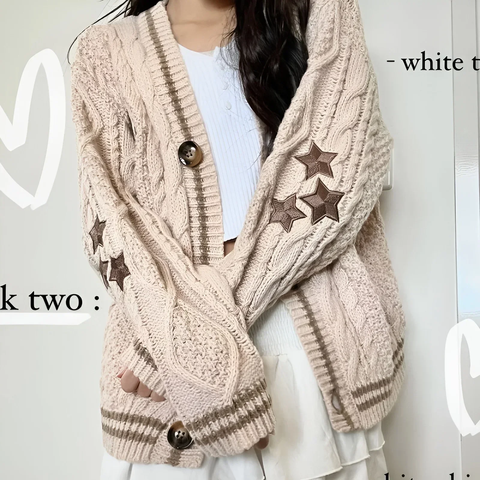 

Women Autumn Cotton Star Embroidery Khaki Knitted Cardigans V Neck Aesthetic Retro Single Breasted Sweaters Y2k Beige Tops