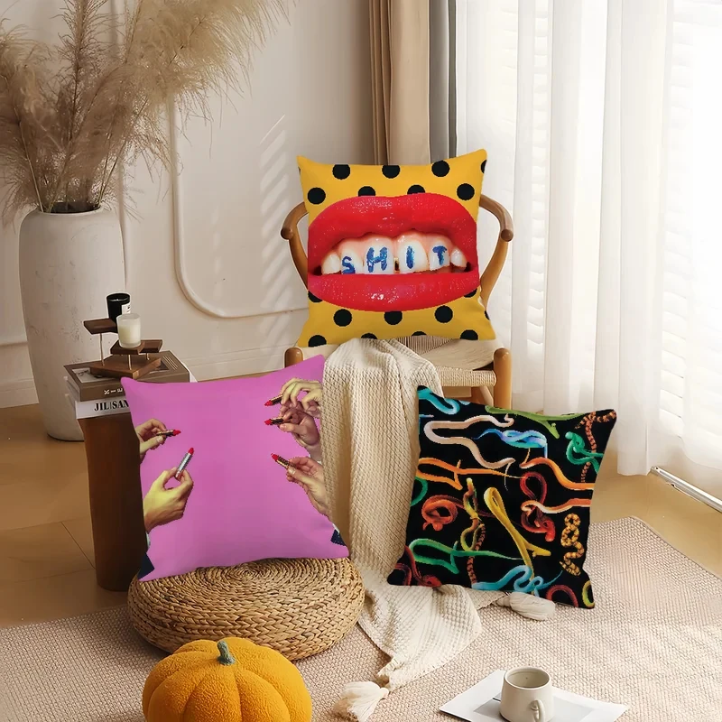 VIKAMA Vintage Pop Art Red Lip Throw Pillow Cover, Living Room Sofa Cushion Cover, Washable Home Decoration Pillow Cover