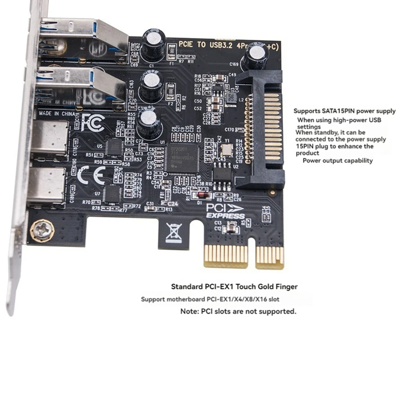C타입 USB 3.2 Gen1 PCIE 카드 어댑터, PCI 익스프레스 보드 2Xusb A 포트 + 2X C타입 포트/USB3.2 PCI-E 확장 카드, 5Gbps