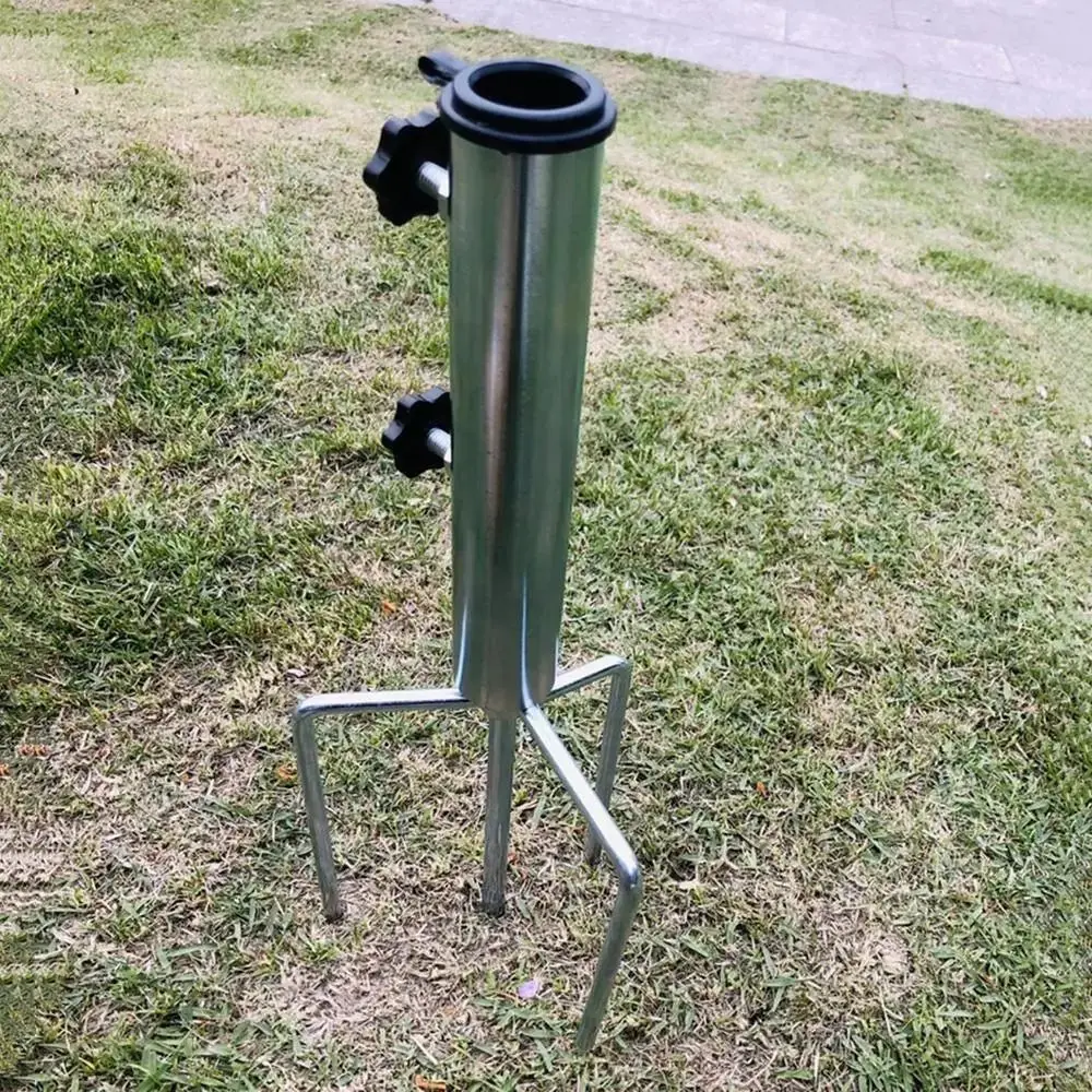 4 Nails Camping Umbrella Base with Hanging Hook Portable Beach Parasol Rod Stand Rust-proof Embedded Metal Ground Base Sunshade