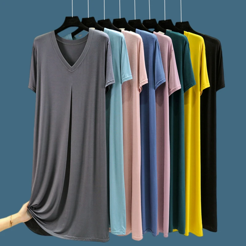 Summer Modal Sleep Dress Women's Loose Short Sleeve V-Neck Home Clothes Nightgown Knee-Length Dress Sweet Style Casual Home