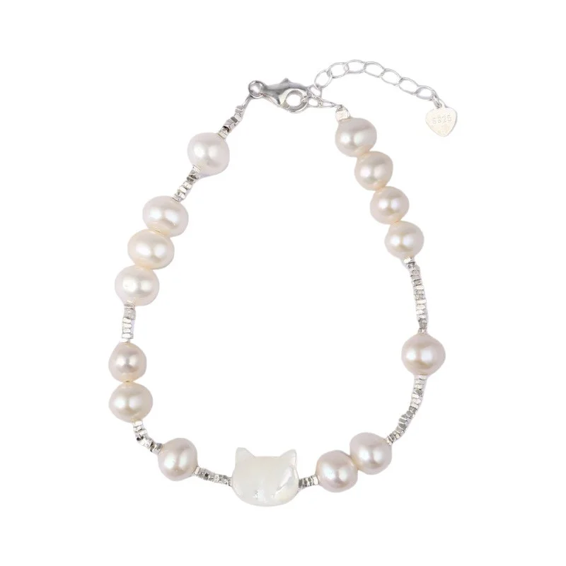

Pearl Bracelet Silver Beaded Cat Charm 316L Stainless Steel Hypoallergenic Tarnish Free Cute Jewelry Women MURMUR